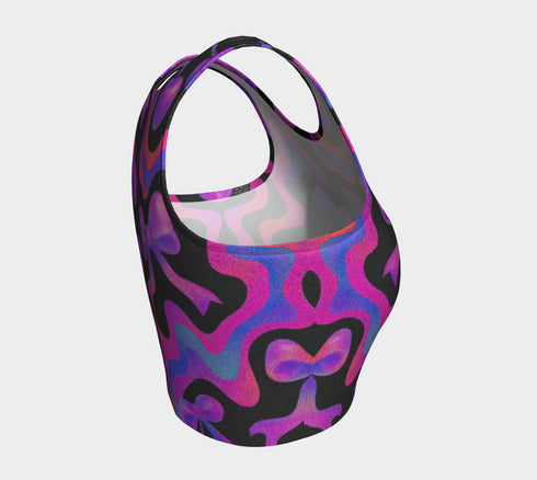 Honey Dazed Brand body-hugging racerback crop top featuring Y2K-inspired print with purple gradient cherries, holographic bows, and swirling patterns in pink, purple, and blue on black background in performance knit fabric